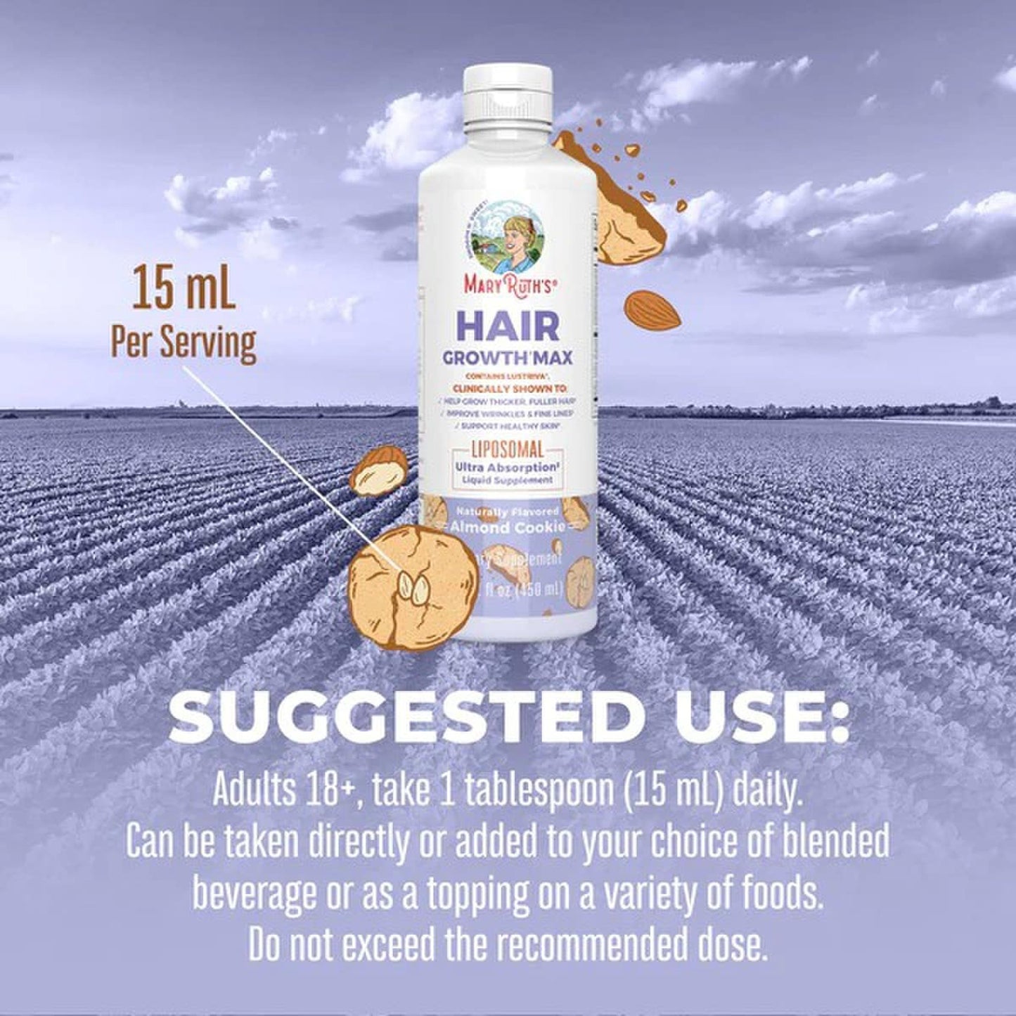 Dietary Supplement Mary Ruth's® Hair Growth Max Liposomal Vitamin E / B6 / Biotin 4 mg / 3 mg / 10,000 mcg Strength Liquid 15.22 oz. Almond Cookie Flavor