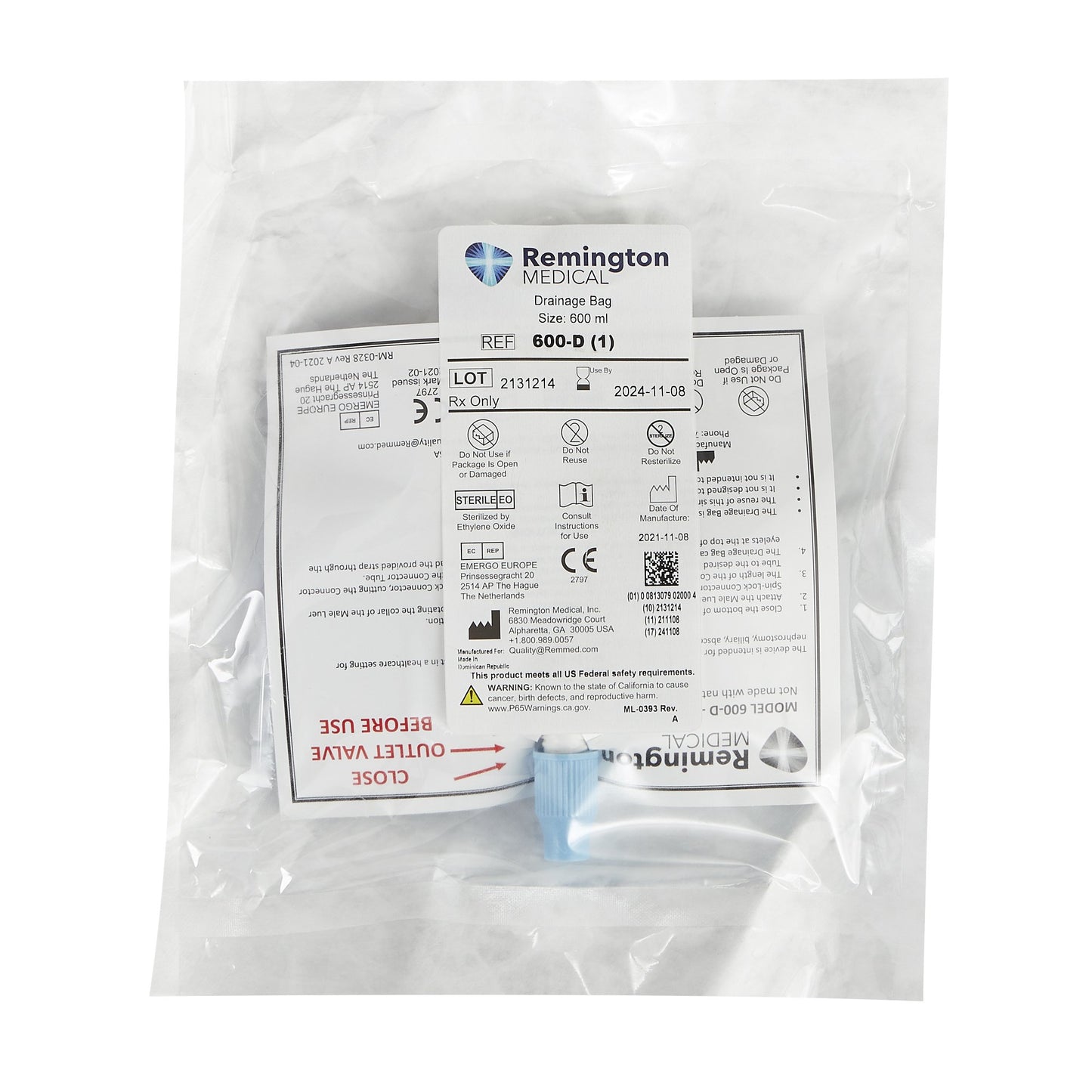 Remington Medical Drain Bag, 24-Inch Tubing