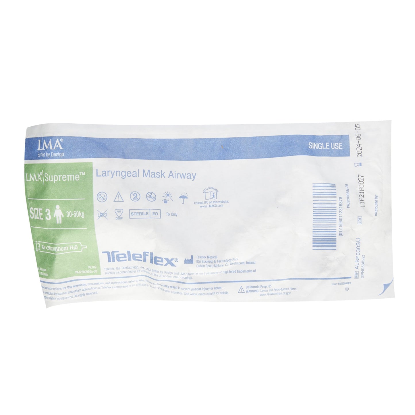 Curved Laryngeal Mask LMA® Supreme™ Size 3 30 mL Cuff Silicone Single Patient Use Sterile