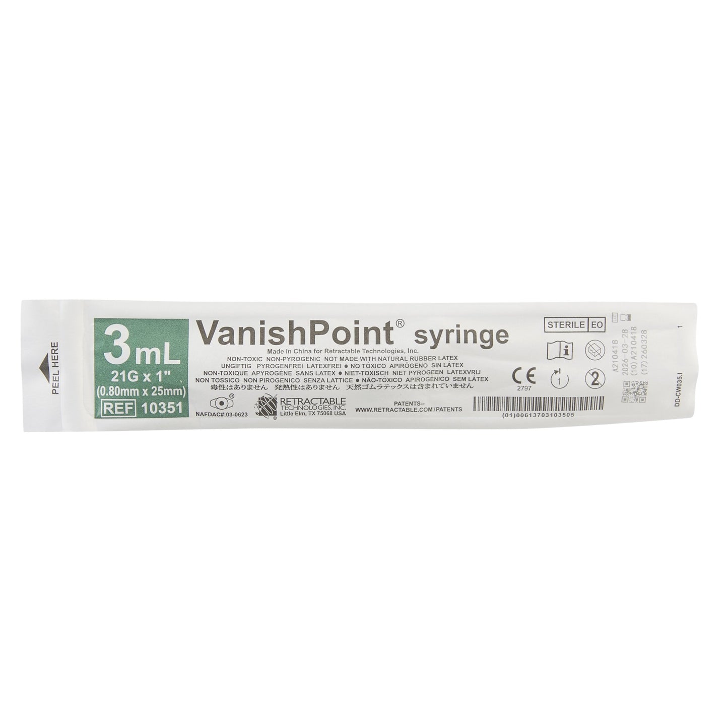 VanishPoint® 3 mL Syringe with Hypodermic Needle, 21 Gauge, 1 Inch