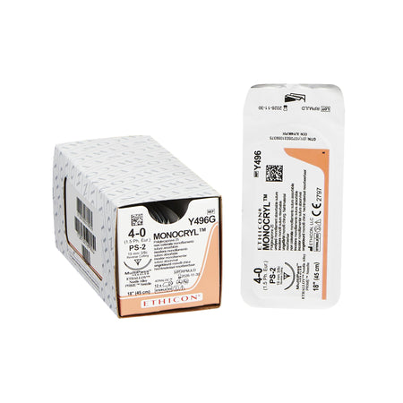 Ethicon Y496G Monocryl Poliglecaprone Absorbable Suture with Needle, Size 4-0