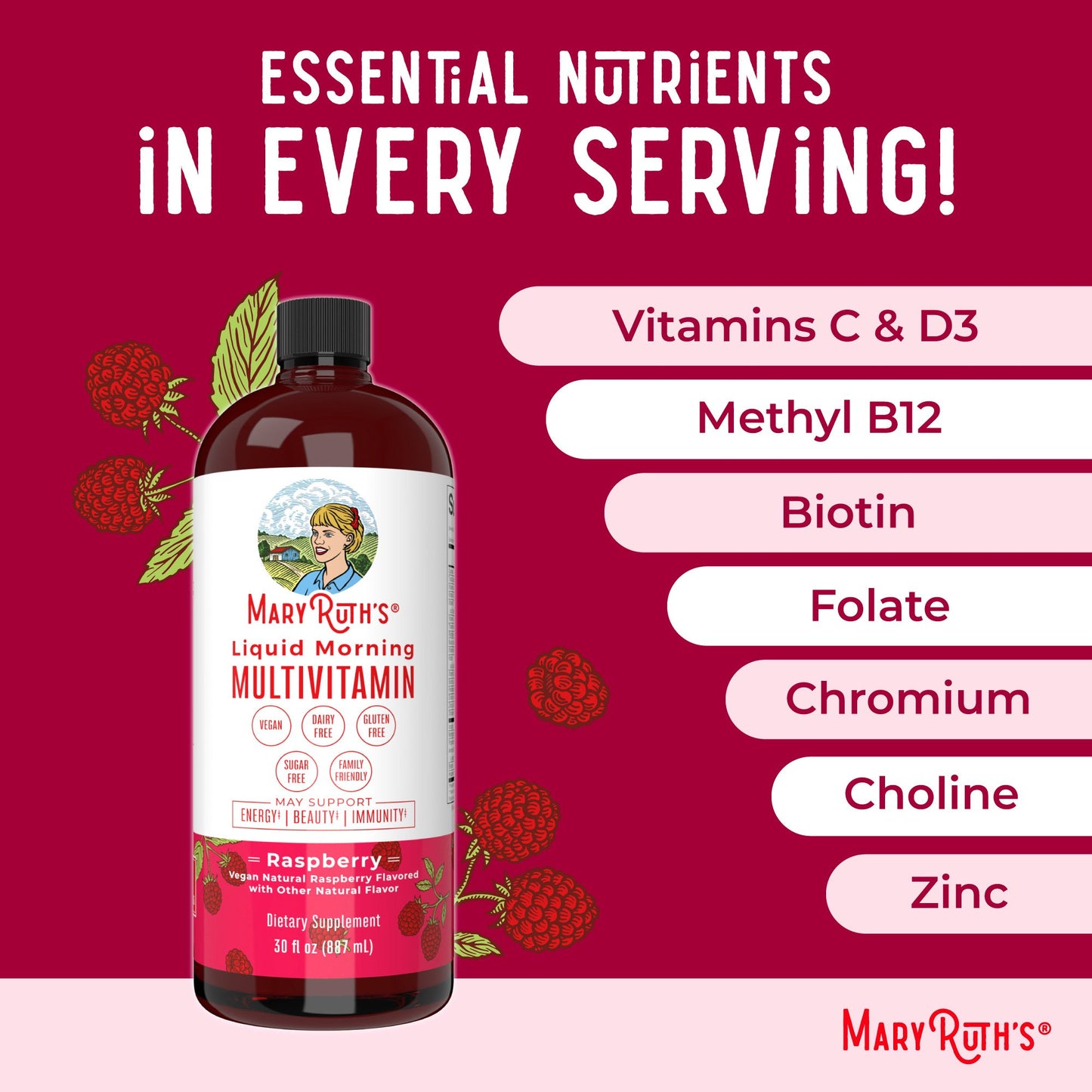 Mary Ruth's™ Liquid Morning Multivitamin, Raspberry Flavor, 30-ounce Bottle