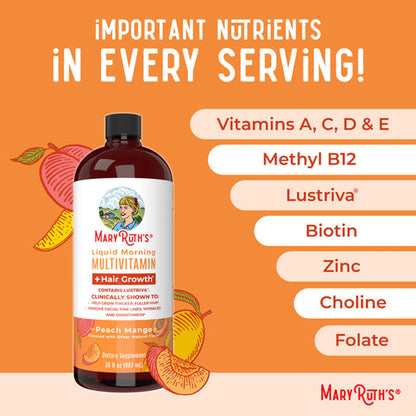 Multivitamin Supplement Mary Ruth's® Liquid Morning Multivitamin + Hair Growth Vitamin A / C / D / E 1,010 mcg - 90 mg - 20 mcg - 18 mg Strength Liquid 30 oz. Peach Mango Flavor