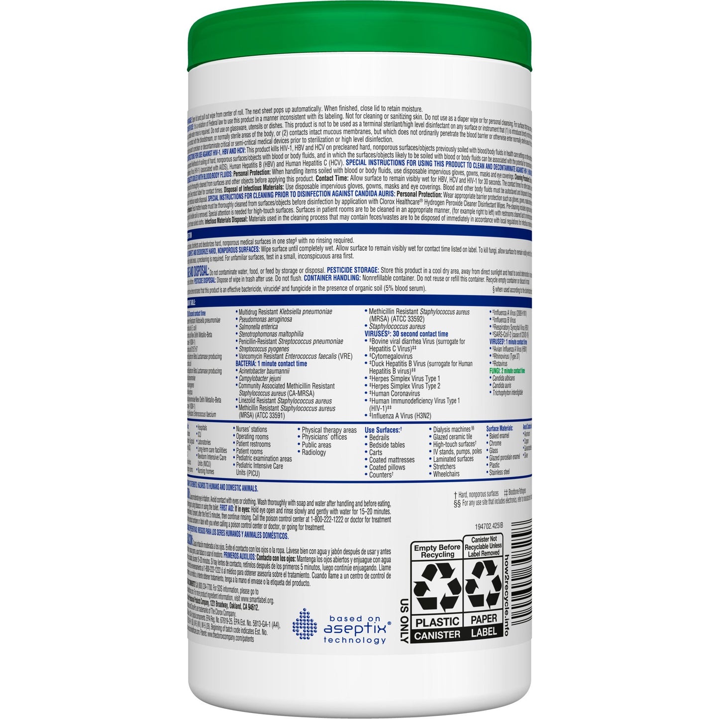 Clorox Healthcare® Hydrogen Peroxide Cleaner Disinfectant Wipes 6.75 x 5.75 Inch
