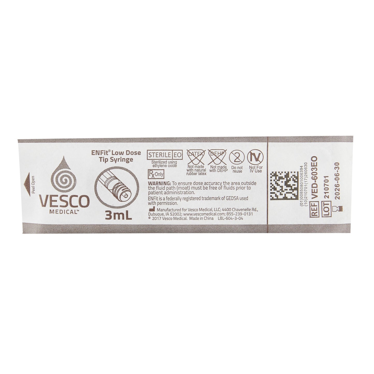 A sterile blister pack of a Vesco Medical VED-603EO 3 mL enteral medication syringe with a purple plunger at Lexicon Medical Supply.