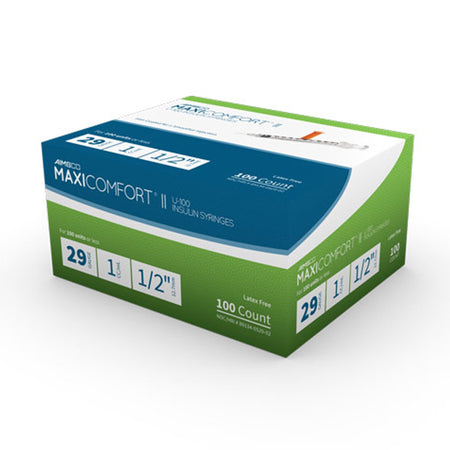 MHC Medical 529 MaxiComfort II Standard Insulin 1mL Syringe with Needle, 29 Gauge
