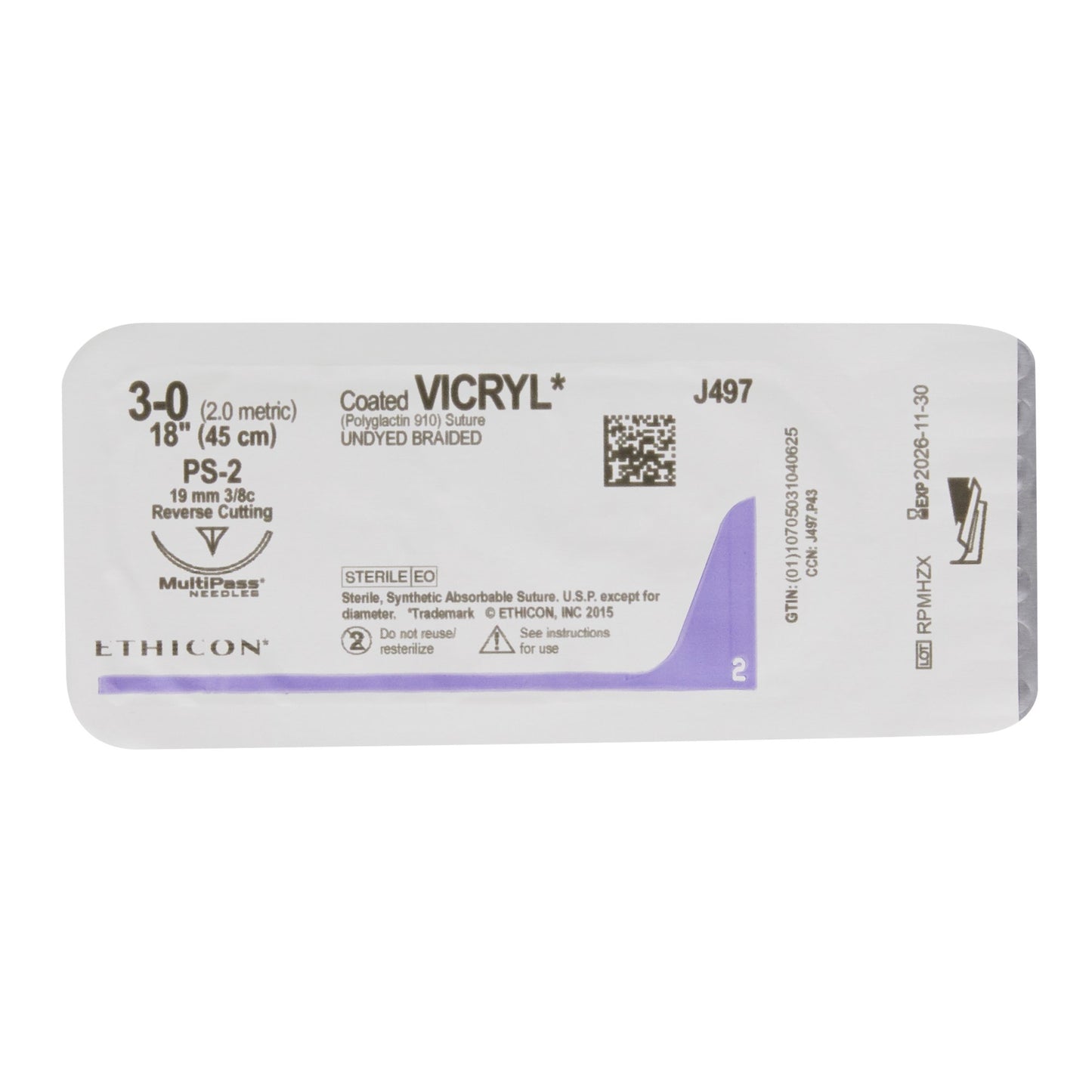 Ethicon J497G Absorbable Suture with Needle Coated Vicryl™ Polyglactin 910 PS-2 3/8 Circle Precision Reverse Cutting Needle Size 3-0 Braided