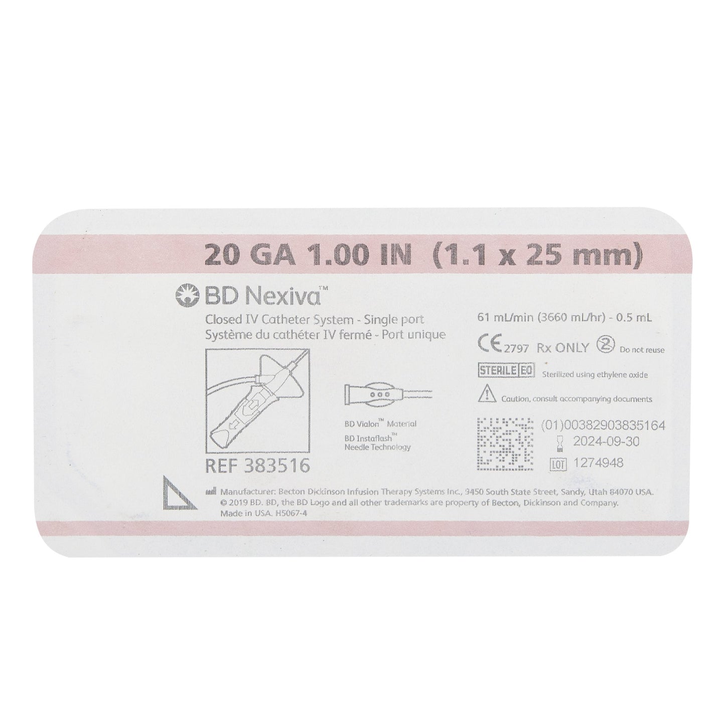 BD Nexiva™ 383516 Closed IV Catheter 20 Gauge 1 Inch Blood Control Winged Hub