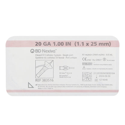 BD Nexiva™ 383516 Closed IV Catheter 20 Gauge 1 Inch Blood Control Winged Hub