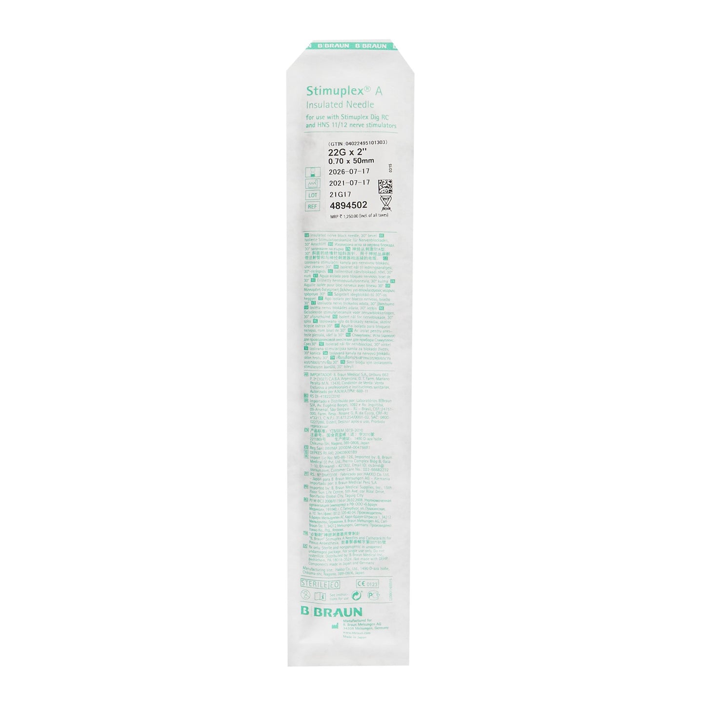 Stimuplex® A Peripheral Nerve Block Needle, 22 Gauge, 2 Inch Length