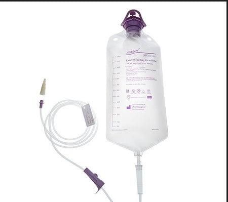 An unboxed Amsino ENF1203K feeding set displaying the 1200 mL top fill gravity bag, roller clamp tubing, and purple ENFit connector.