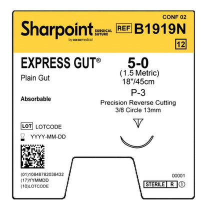 Absorbable Suture with Needle Surgical Specialties™ Plain Gut P-3 3/8 Circle Precision Reverse Cutting Needle Size 5-0 Monofilament