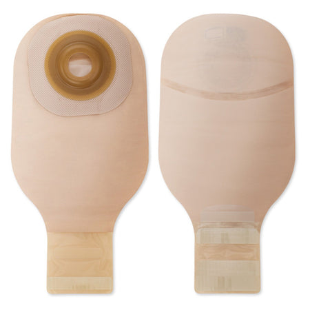 Hollister 8665 soft convex drainable pouches showing the beige fabric panel with the integrated stoma viewing option flap