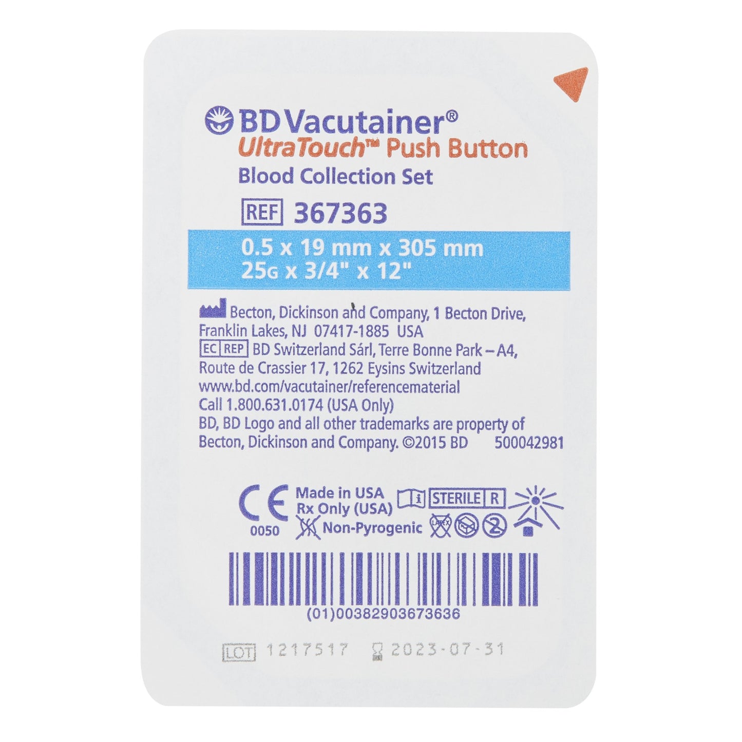 BD Vacutainer® UltraTouch™ Push Button Blood Collection Set 25 Gauge 3/4 Inch Needle Length Safety Needle 12 Inch Tubing Sterile