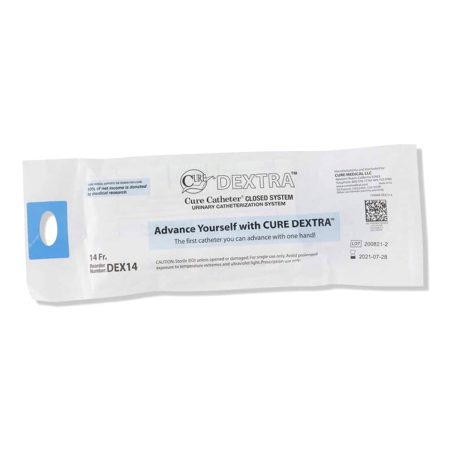 Intermittent Closed System Catheter Cure Dextra® Closed System Unisex / Straight Tip 14 Fr. Without Balloon