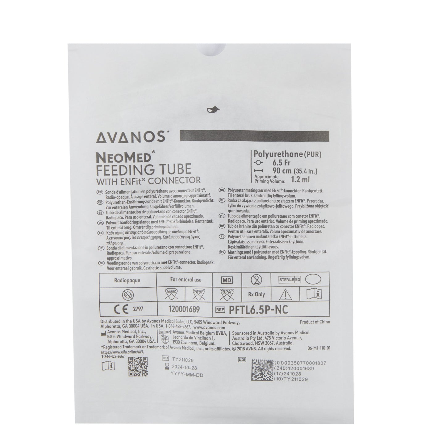 Nasogastric Feeding Tube with ENFit® Connector NeoMed® 6.5 Fr. 90 cm Tube Polyurethane Sterile