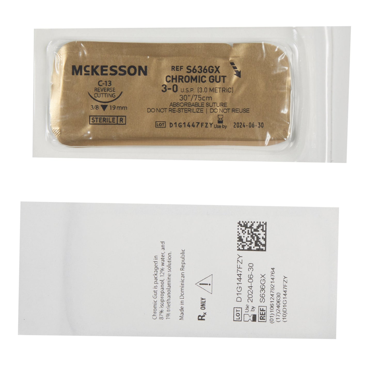 McKesson Chromic Gut Absorbable Suture with C-13 Needle, Size 3-0