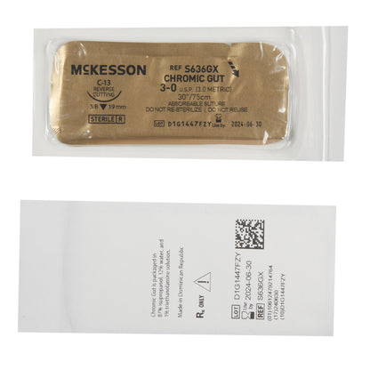 McKesson Chromic Gut Absorbable Suture with C-13 Needle, Size 3-0