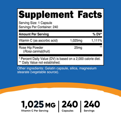 Dietary Supplement nutricost® Vitamin C with Rose Hips Vitamin C / Rose Hips 1,000 mg - 25 mg Strength Capsule 240 Per Bottle