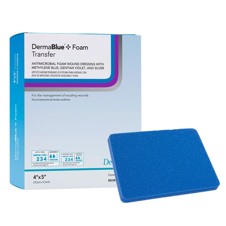 DermaRite DermaBlue Plus Foam Wound Dressing 4x5x1/4 inch box packaging with individual foam item 76040514.