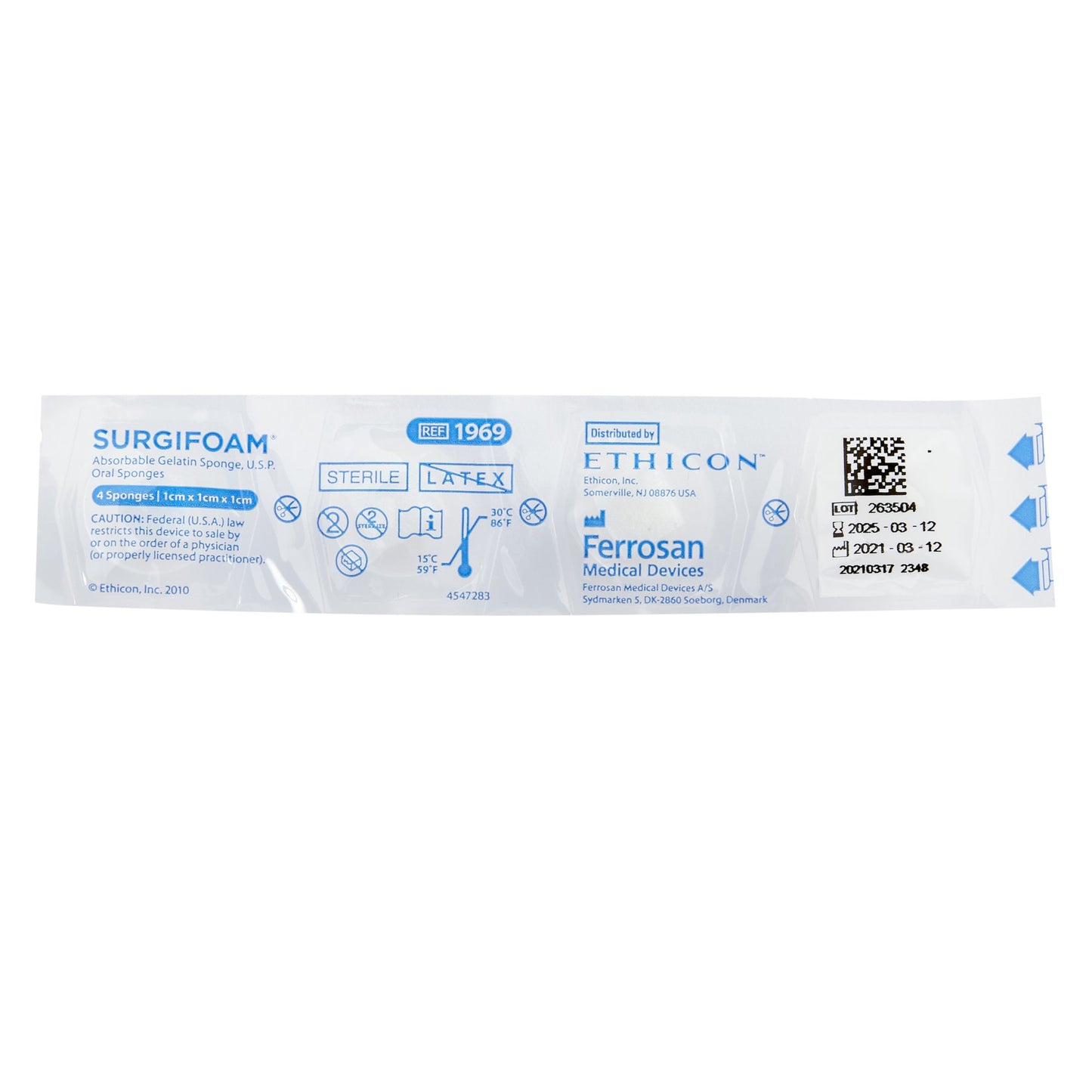 Ethicon 1969 Hemostatic Sponge SURGIFOAM® 1 X 1 X 1 X 1 cm 24 Count Sterile
