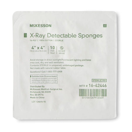 McKesson 16-42446 Sterile X-ray Detectable Gauze Sponge, 4 x 4 Inch, 16-Ply