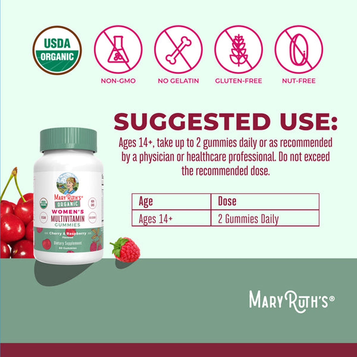 Multivitamin Supplement Mary Ruth's® Organic Women's Vitamin A / C / D / E 450 mcg - 20 mg - 6 mcg - 7 mg Strength Gummie 60 Per Bottle Strawberry Flavor