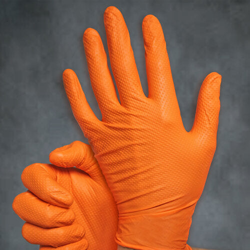 Adenna Catch CAT455 orange nitrile gloves featuring a raised heavy pyramid grip textured surface.