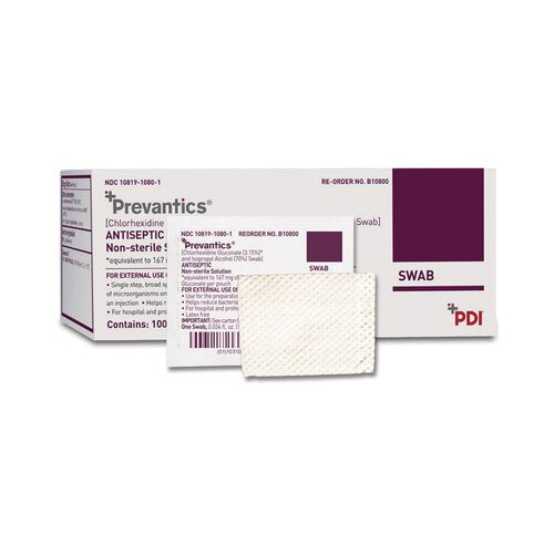 PDI Prevantics Antiseptic Prep Pad, 3.15%/70% Strength, CHG (Chlorhexidine Gluconate)/Isopropyl Alcohol, Individual Packet, NonSterile, 100/box, B10800