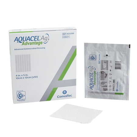 A retail box of ConvaTec 422301 AQUACEL Ag Advantage sterile antimicrobial hydrofiber dressing ribbons at Lexicon Medical Supply.