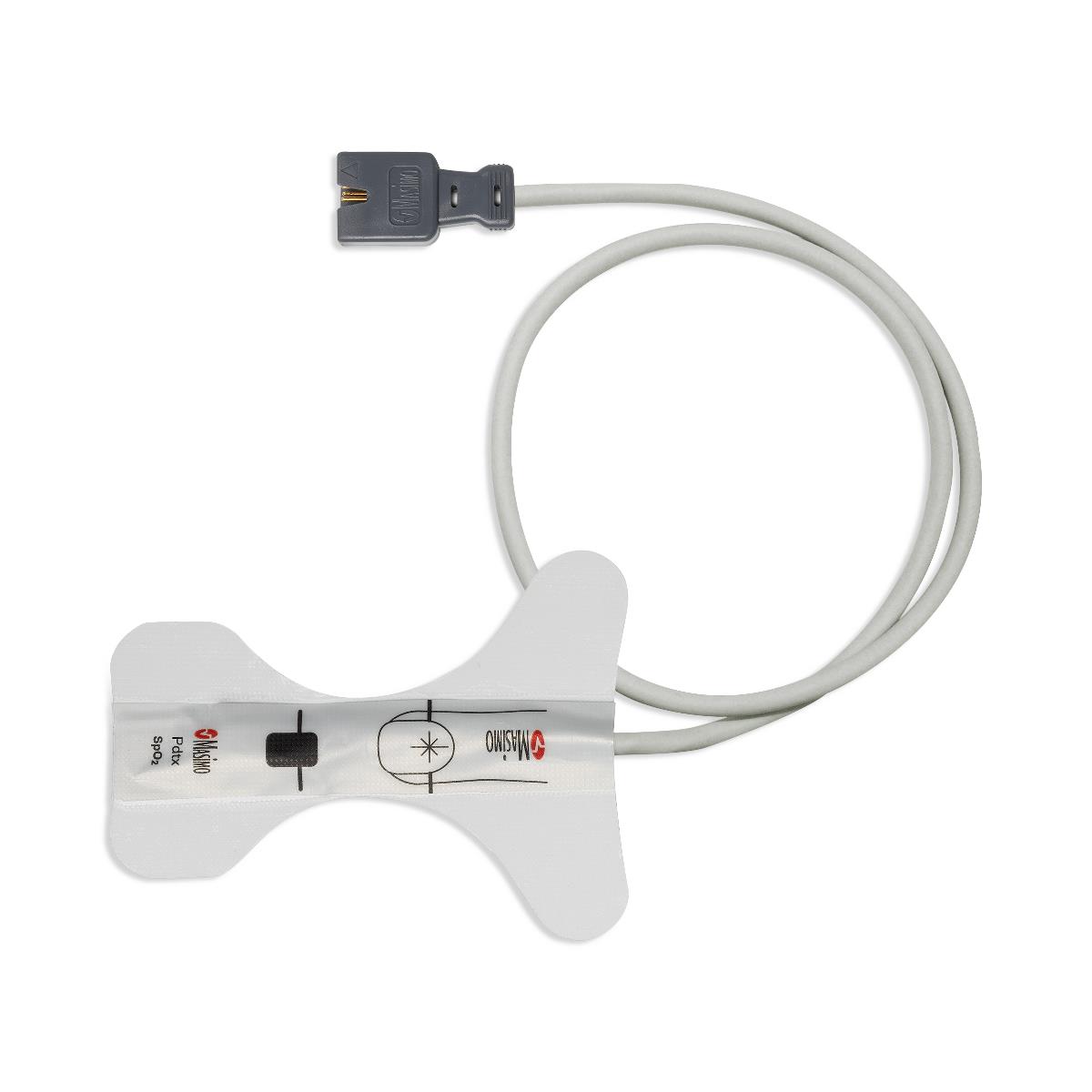 Close up of the white 9-pin LNCS connector on a Masimo 1860 disposable pediatric pulse oximetry sensor.