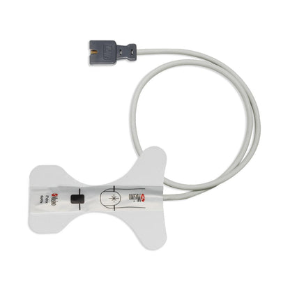 Close up of the white 9-pin LNCS connector on a Masimo 1860 disposable pediatric pulse oximetry sensor.
