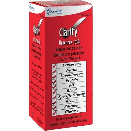 Clarity Diagnostics DTG-10SG Urocheck 10SG Reagent Test Strip for Urine, Bilirubin, Blood, Glucose, Ketones