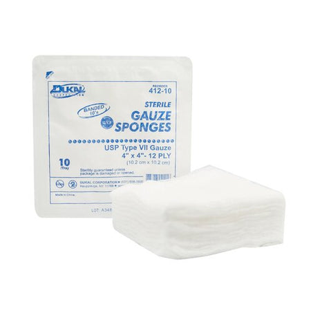 Dukal 412-10 USP Type VII Gauze Sponge, Cotton, 12-Ply, Square, Sterile, 4" x 4"