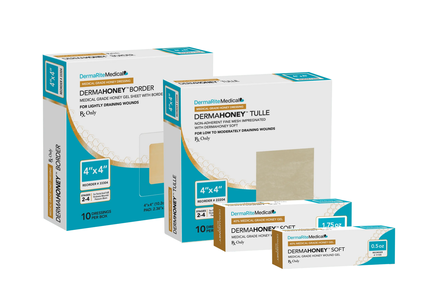 Family of L-Mesitran Honey Soft dressing gel by DermaRite for autolytic debridement and moist wound healing