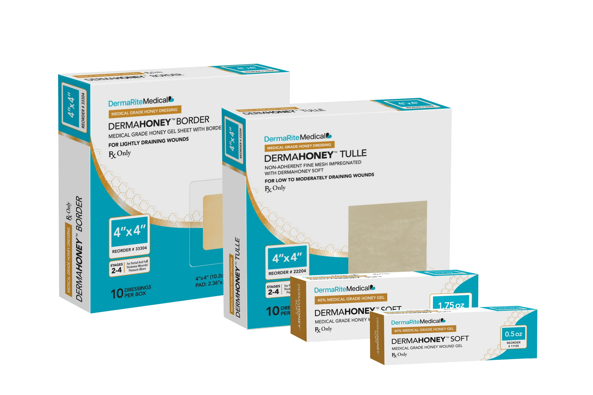 Family of L-Mesitran Honey Soft dressing gel by DermaRite for autolytic debridement and moist wound healing