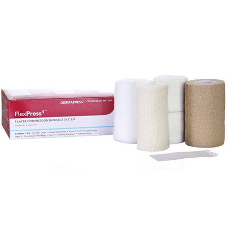 FlexPress4 - 4 Layer Compression Bandage System Dermarite 79000 Self-Adherent / Tape Closure Tan / White, NonSterile, Standard Compression