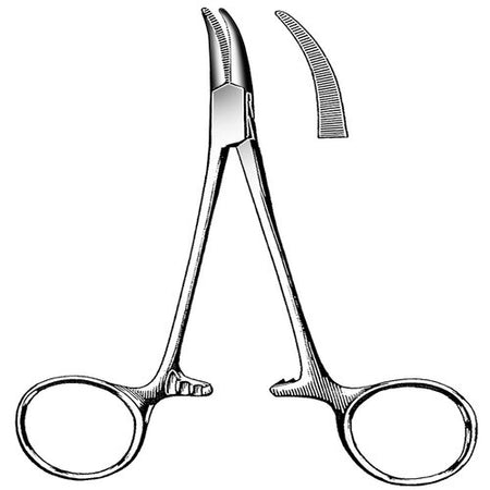Fine Surgical Hemostatic Forceps, Halsted-Mosquito, Stainless Steel, Ratchet Lock, Finger Ring Handle, Curved, 5" Length, Each, FS12-183