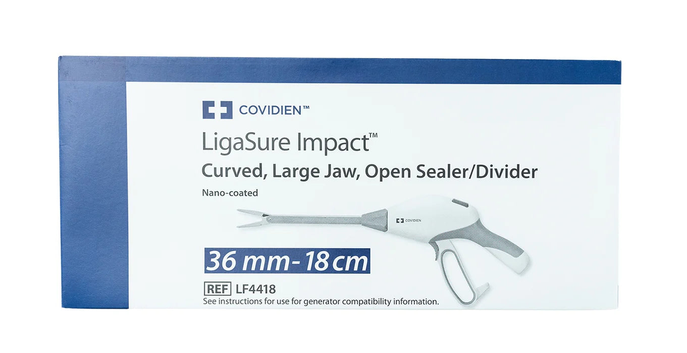 Covidien Medtronic LF4418 LigaSure Impact curved large jaw open sealer divider with non-stick nano coating at Lexicon Medical Supply.