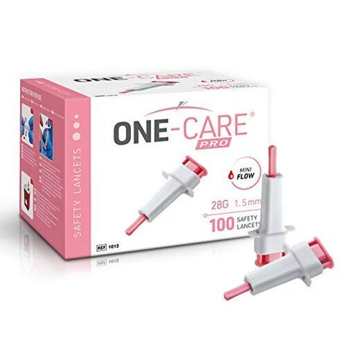 Safety Lancets Top Button Activated, 28G x 1.5mm, ONE_CARE PRO, Medivena 1012, MiniFlow, Pink, 100/bx
