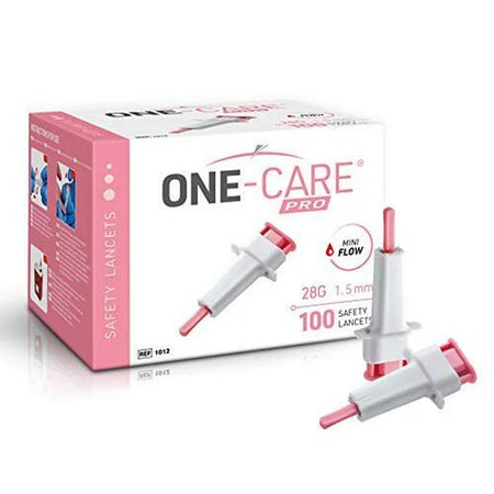 Medivena 1012 Safety Lancets Top Button Activated, 28G x 1.5mm, ONE_CARE PRO, MiniFlow, Pink, 100/bx
