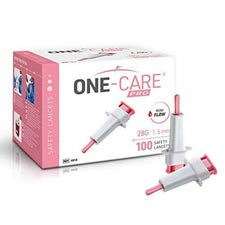 Safety Lancets Top Button Activated, 28G x 1.5mm, ONE_CARE PRO, Medivena 1012, MiniFlow, Pink, 100/bx
