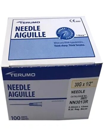 Terumo Standard Hypodermic Needle, Without Safety, Regular Wall, 30g x ½", 100/Box, NN-3013R