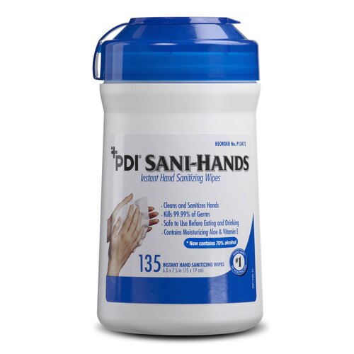 PDI Sani-Hands Hand Sanitizing Wipe, 135 Count, Ethyl Alcohol, Wipe Canister, Each, P13472