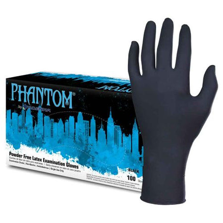 A box of Adenna Phantom black latex powder-free exam gloves at Lexicon Medical Supply.
