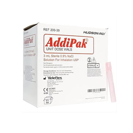 A retail box of 100 Teleflex Hudson RCI Addipak 3mL sterile saline unit dose vials model RHUD39U at Lexicon Medical Supply.