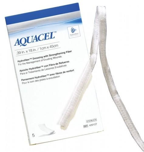 Close up of the highly absorbent hydrofiber material texture and strengthening fibers on a ConvaTec 403770 ribbon dressing.