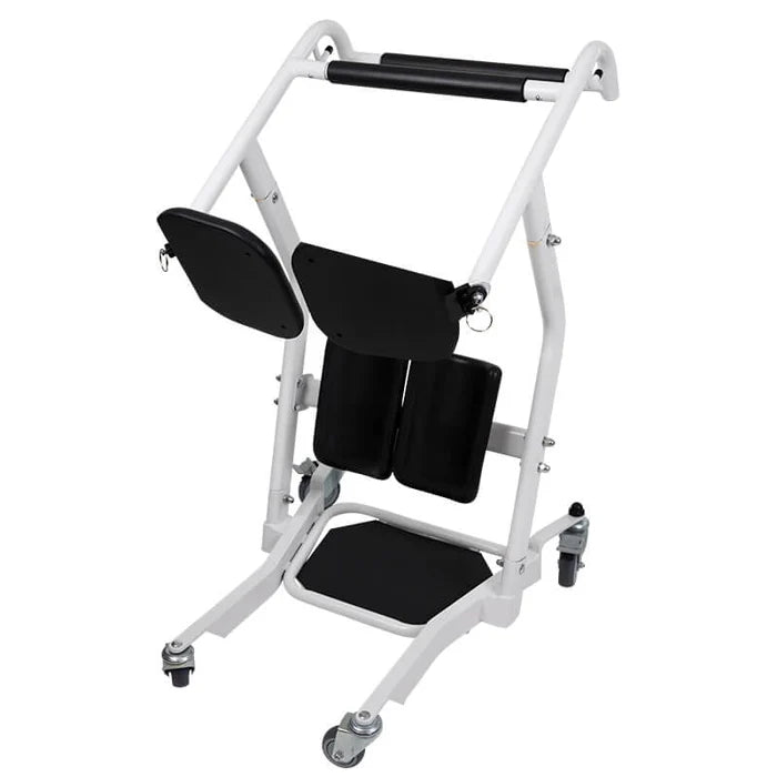 Vive Health Transport Stand Assist with white steel frame and black padded seat, shin rests, and handrails