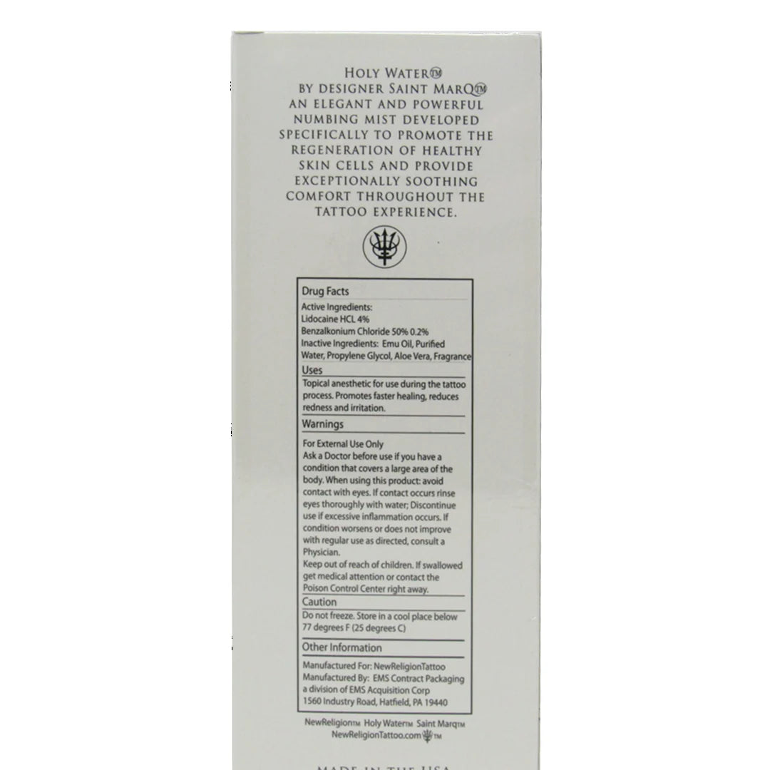 Back label ingredients and directions for New Religion Holy Water lidocaine spray