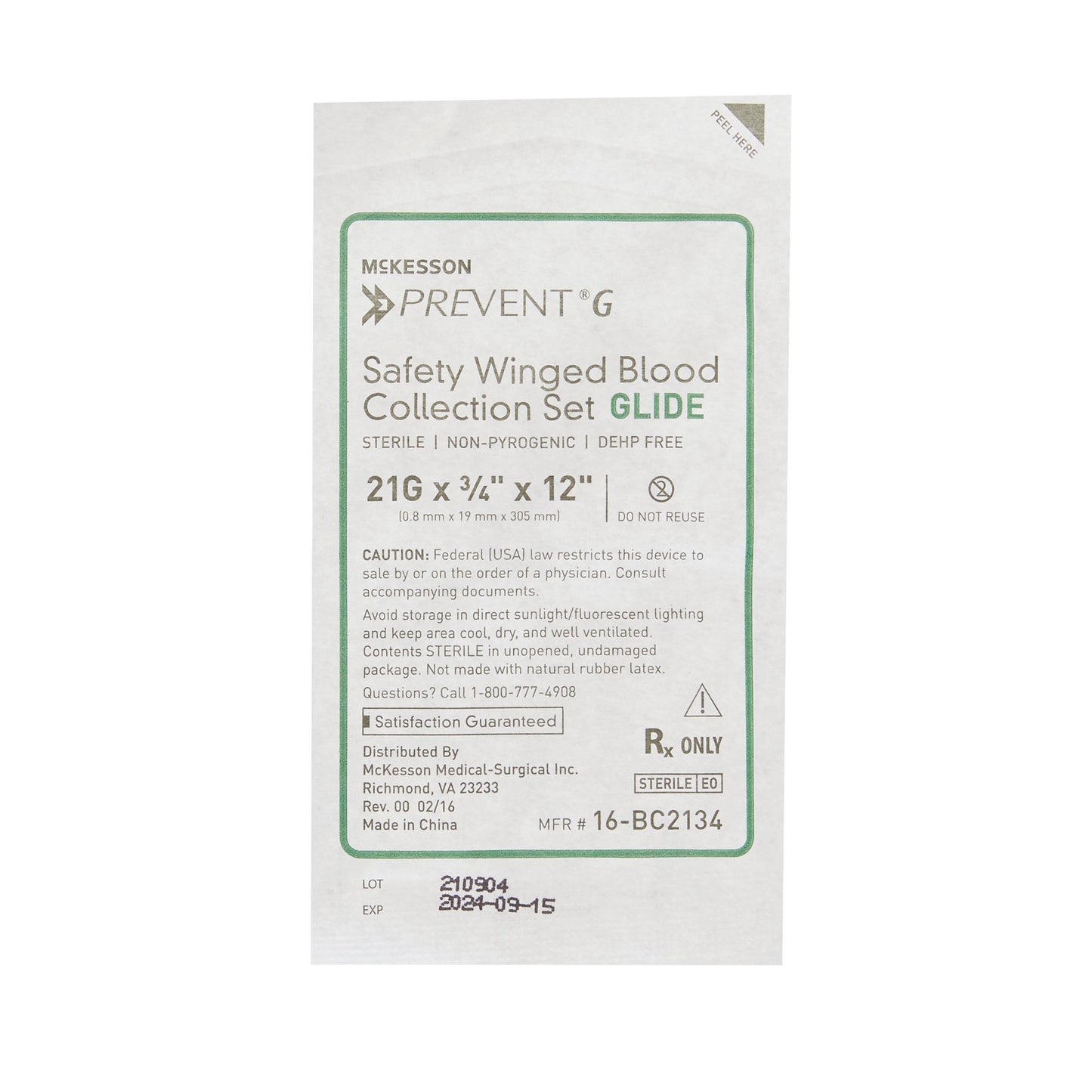 McKesson Prevent® G Blood Collection Set, 21 Gauge, ¾-inch needle length